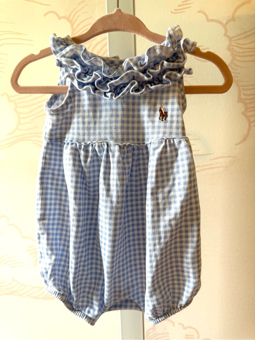 Ralph Lauren Light Blue and White Gingham Ruffle Baby Romper- 3 months